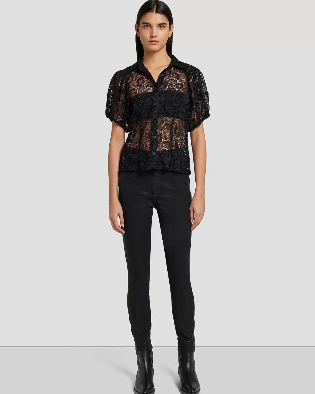 7 For All Mankind Hauts*Blouse Transparente Bouffante En Dentelle Noir