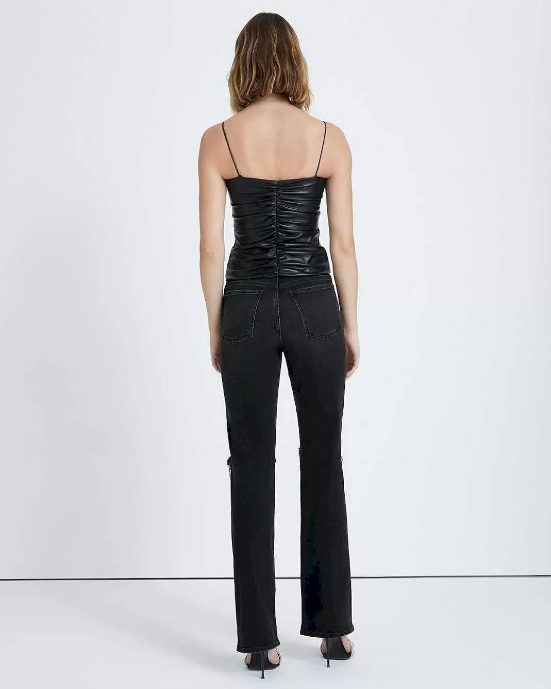 7 For All Mankind Hauts*Camisole Froncee En Similicuir Noir