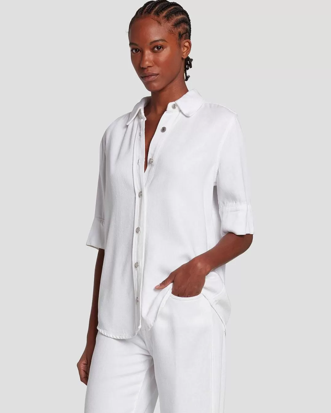 7 For All Mankind Jeans*Chemise A Manches Courtes En Denim Lustre Blanc Brillant