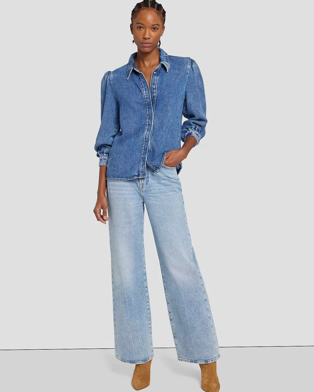 7 For All Mankind Jeans*Chemise En Jean A Manches Bouffantes Hemerocalle