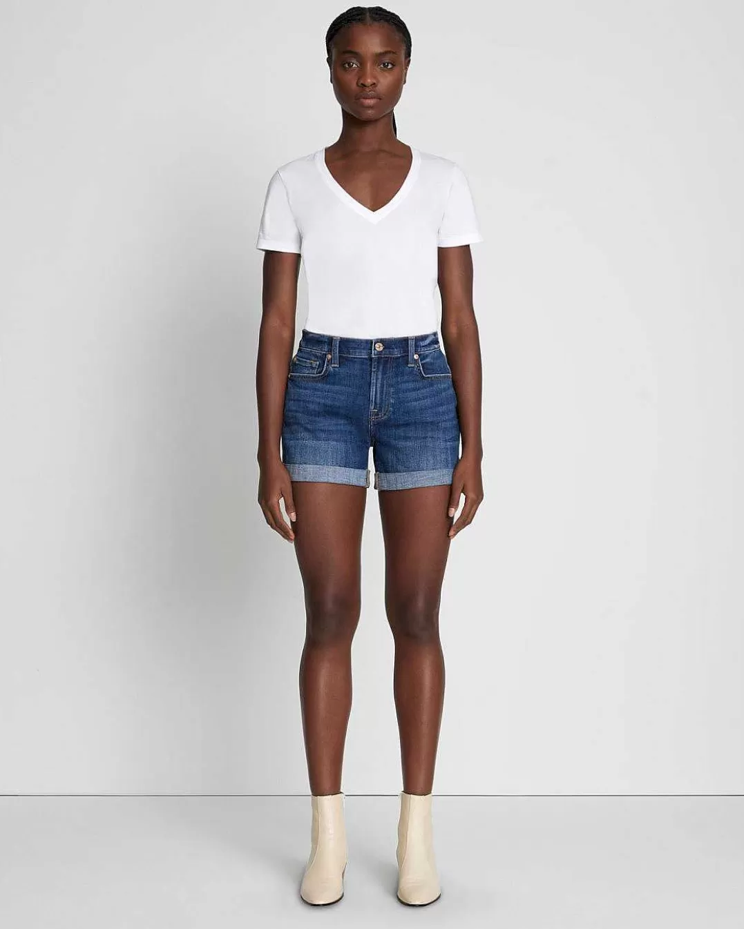 7 For All Mankind Jeans*Short Mi-Rouleau En Serge Brise Vanite