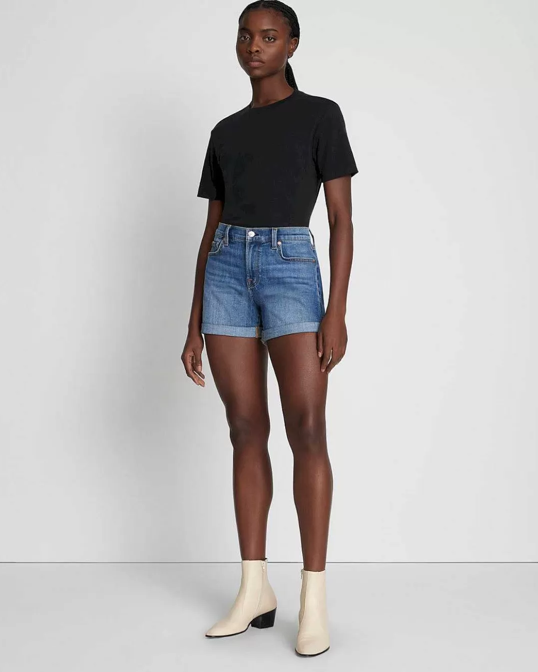 7 For All Mankind Jeans*Short Mi-Rouleau En Serge Brise Lumiere Brillante