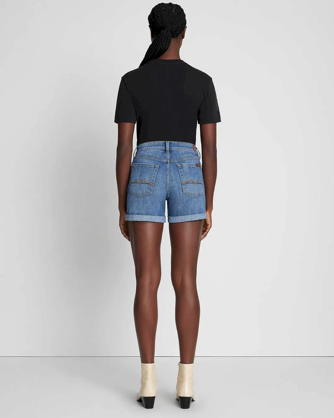 7 For All Mankind Jeans*Short Mi-Rouleau En Serge Brise Lumiere Brillante